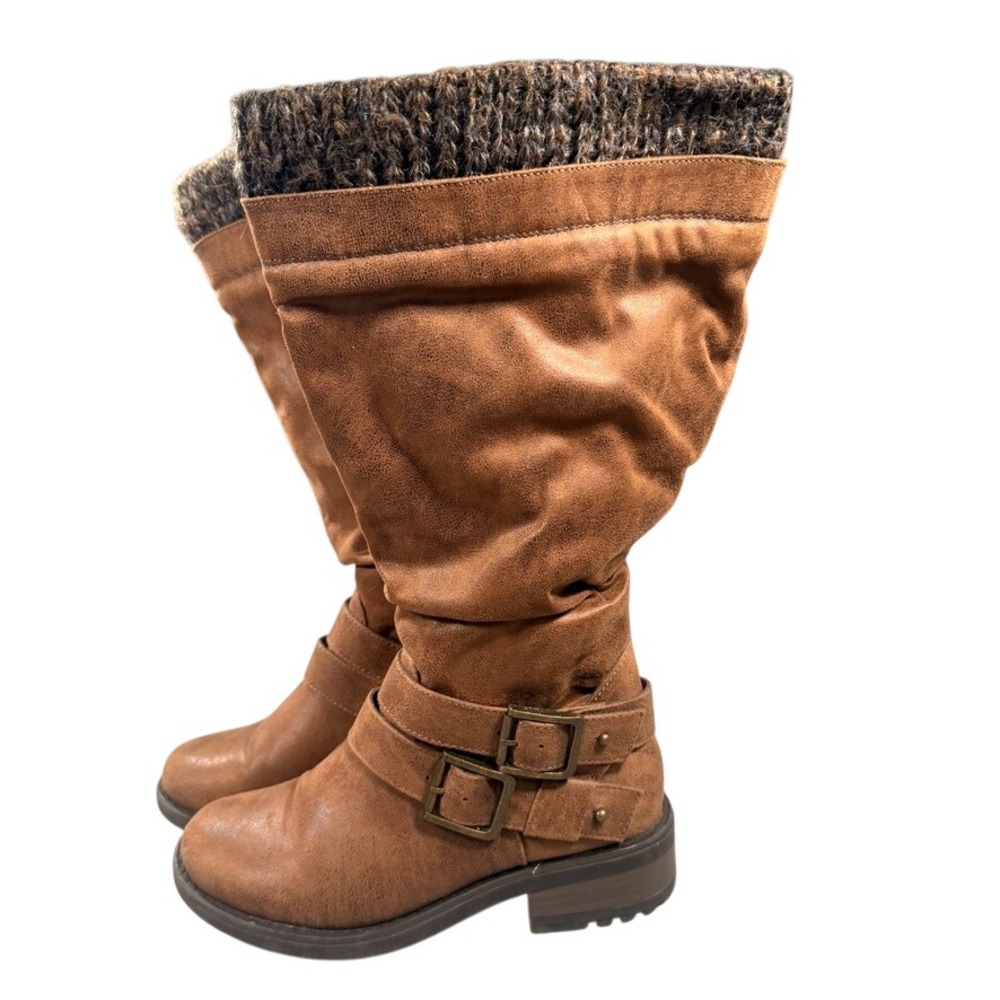 Torrid Slouchy Tall Boots 7W Womens Cognac Faux Leather Knit Cuff Buckle Detail